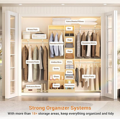 Upgraded 96 Closet System with 18 Storage Place, 8FT Closet Organizers System with 13 Shelves and 2 Wooden Drawers, 96'' Walk-in Closet with 4 Hanging Rods, Adjustable Garment Rack, Natural
