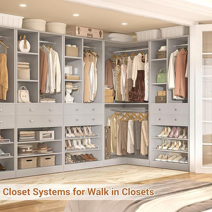 Closet System with 2 Drawers, 3 Hanging Rods, 59.5" * 31.5" Closet Organizer System with Corner Tower, Reversible L Shaped Walk-in Closet System, Corner Closet System Set of 2, Morandi Grey
