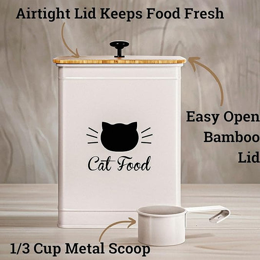 Cat Food Storage Container with Scoop - 5-7 lb (25 Cup) Capacity Metal Cat Food Container with Airtight Bamboo Lid and Metal Scoop - Airtight Pet Food Storage Containers 5 lb - 7 lb Kibble Container
