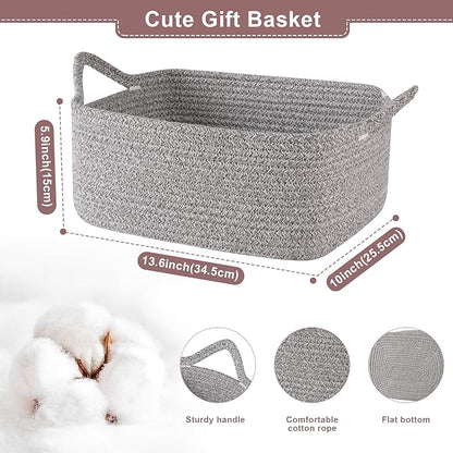 Basket for Gifts Empty, Woven Storage Basket with Gift Bag, Ribbon and Wrap Tissue Paper, Small Rope Toy Storage with Handles for Baby Shower, Dog Toy Organizer, 13.6" x 10" x 5.9”, Gray