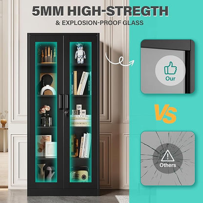 Metal Storage Cabinet with Lock and Glass Doors,Glass Display Cabinet,Black Storage Cabinets,Locking Curio Cabinets with 5 Shelves for Collectibles,Home,Office,Living Room