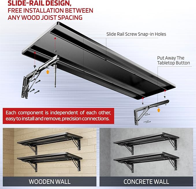 1.2x3FT Adjustable Garage Shelf Wall Mounted Fold Down Shelf Metal Heavy Duty Black 1Pack