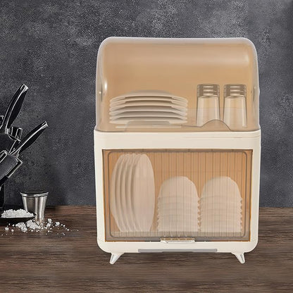 Dish Drying Rack, 2-Tier Plastic Dish Rack for Kitchen Counter with Lid, Kitchen Organizers and Storage Rack with Drainboard and Cutlery Holder for Plates Bowls Cups
