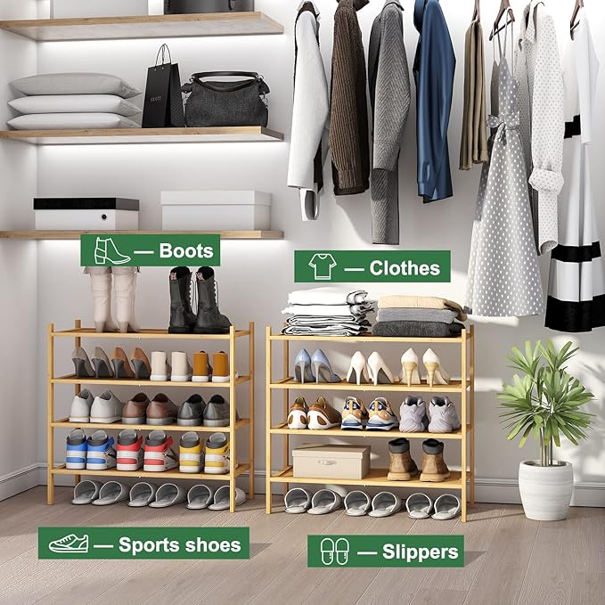 4-Tier Shoe Rack for Entryway, Bamboo Wood Shoe Rack 4-Tier, Stackable Shoe Organizer for Closet, Free Standing Shoe Racks for Indoor & Outdoor