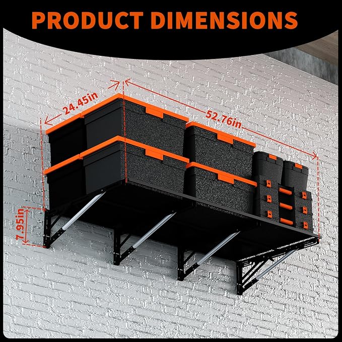 Heavy Duty Foldable Garage Storage Shelves Wall Mounted Metal Rack Unit Organizer with Removable Edge Barriers, Adjustable System for Corner Wall Use, 52.76 Inch Long 24.45 Inch Large