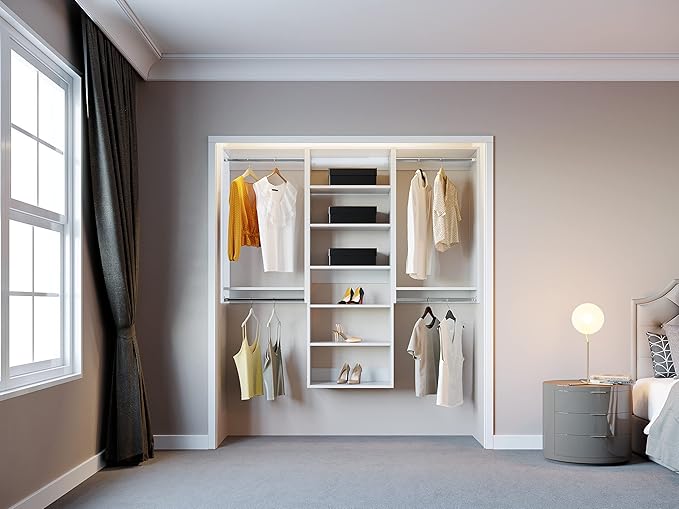 Modular Closets Vista Collection Closet Organizer System - 3 Piece Wall Mounted Kit with Hanging Rods & Shelves, White, Fits Closets 66” or wider
