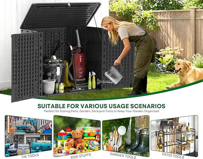 30 Cu.Ft Outdoor Storage Shed, Multi-Purpose Weather-Resistant Utility Shed for Garbage Cans, Lawn Mower, Garden Tools, Waterproof Resin Horizontal Cabinet with Pad-Lockable Doors (Black)