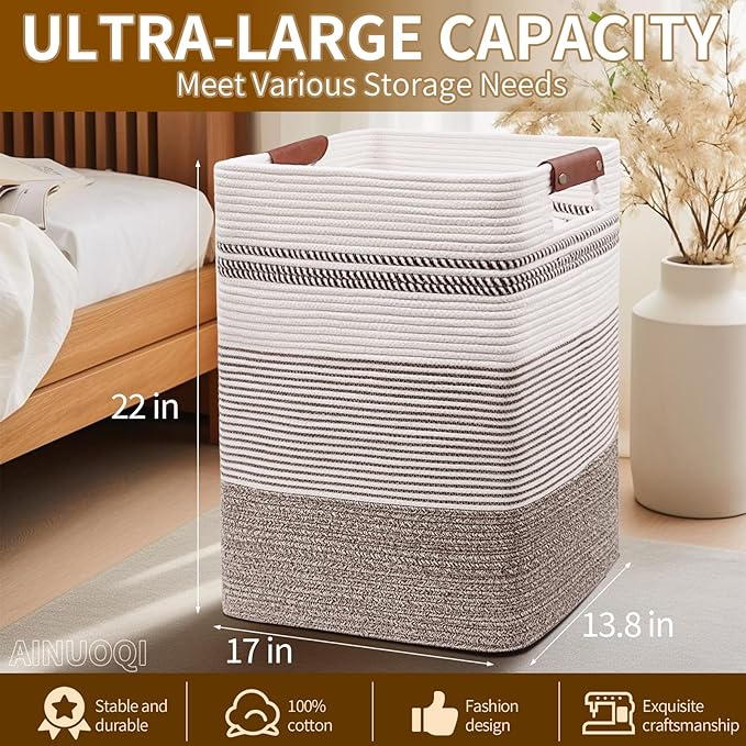 Laundry Hamper - Tall Woven Rope Laundry Basket - Clothes hamper with Leather Handles, 17" X 13.8" X 22", Blanket Storage Basket for Living Room, Rice Brown & White