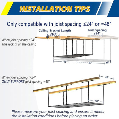 GIOTORENT 4x8FT Garage Ceiling Storage Racks, Overhead Garage Shelving Rack, Heavy Duty Metal Warehouse Storage Organization System, 700lbs Capacity, Adjustable Ceiling Mounted, Black