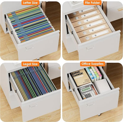 METAN 2 Drawer Vertical File Cabinet with Lock, Mobile Metal Filing Cabinet for Legal/Letter Size, Office Storage File Cabinet Under Desk with Card Holder,Assembly Required,White