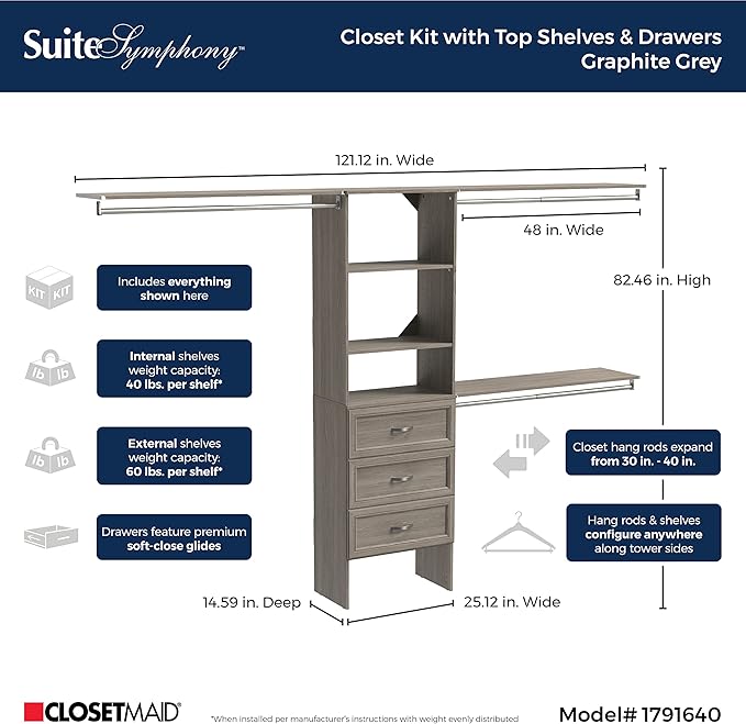 ClosetMaid SuiteSymphony Wood Closet Organizer Kit with Tower, 3 Hang Rods, Top Shelves, 3 Drawers, Adjustable, Fits Spaces 6 - 10 ft. Wide, Graphite Grey