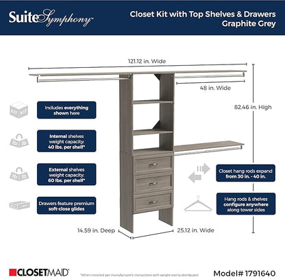ClosetMaid SuiteSymphony Wood Closet Organizer Kit with Tower, 3 Hang Rods, Top Shelves, 3 Drawers, Adjustable, Fits Spaces 6 - 10 ft. Wide, Graphite Grey