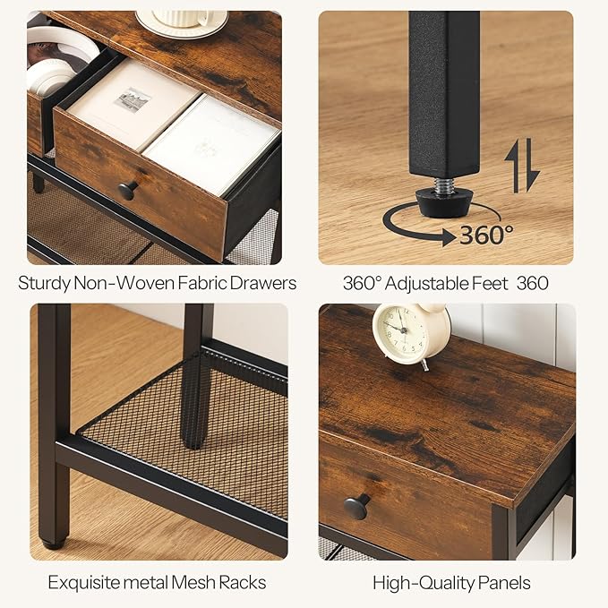 HOOBRO 29.5" Narrow Console Table with Power Outlet, Small Entryway Table with 2 Fabric Drawers, Behind Couch Table Sofa, 3-Tier Storage Shelves, for Living Room, Hallway, Rustic Brown BF72UXG01