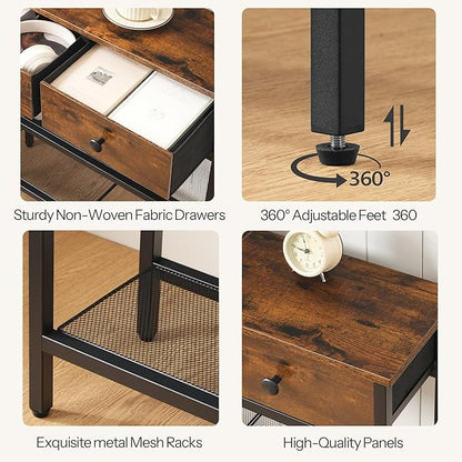 HOOBRO 29.5" Narrow Console Table with Power Outlet, Small Entryway Table with 2 Fabric Drawers, Behind Couch Table Sofa, 3-Tier Storage Shelves, for Living Room, Hallway, Rustic Brown BF72UXG01