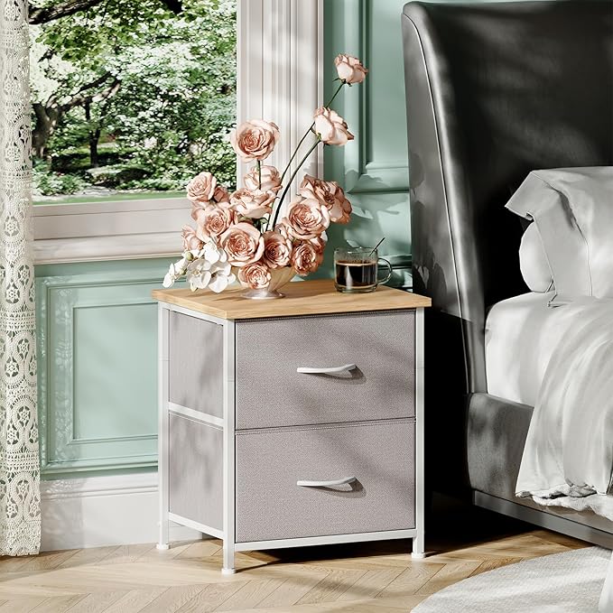 Somdot Nightstand, Small Dresser for Bedroom with 2 Drawers, Bedside Table Night Stand End Table with Fabric Bins for Bedroom Kids Closet Dorm Guest Room, Ash Grey