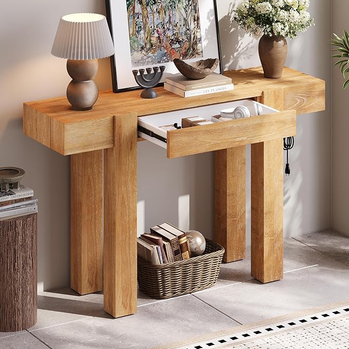 47" Rustic Minimalist Solid Wood Sofa Table Console, Modern Table with Hidden Drawer, Hallway Desk with Side Power Outlet for Entryways Living Rooms Home Offices, Natural