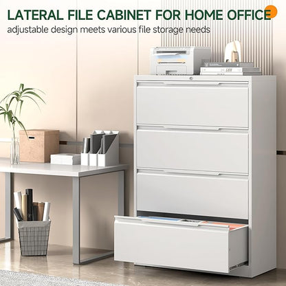 Lateral File Cabinet with Lock, 4 Drawer Lateral File Cabinets, Metal Filing Cabinets for Home Office, White Deep Drawer for Hanging Files Letter/Legal/A4/F4 Size, Printer Stand, Assembly Required