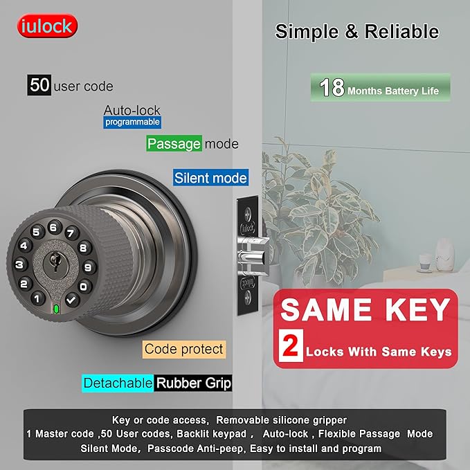 Smart Door Knob with Keypad and Key,Keyless Entry Door Lock with Rubber Grip, Auto Lock,50 User Code,Waterproof, Easy to Install and Program for Bedroom(Stain Nickel Same Key 2 Pack)