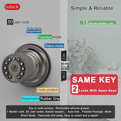 Smart Door Knob with Keypad and Key,Keyless Entry Door Lock with Rubber Grip, Auto Lock,50 User Code,Waterproof, Easy to Install and Program for Bedroom(Stain Nickel Same Key 2 Pack)