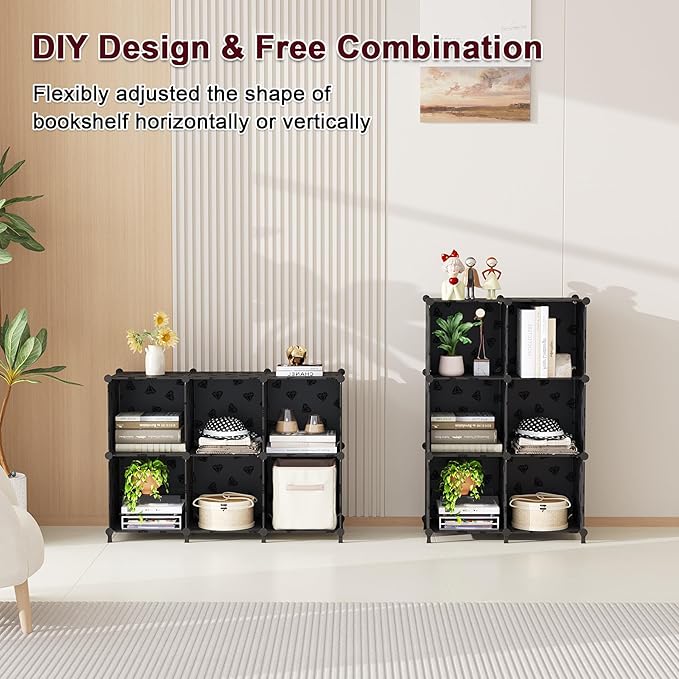 UNKU Cube Storage Organizer, 6 Cube Closet Organizer Storage Shelves, DIY Stackable Bookcase, Clothes Organizer Shelf for Closet, Bedroom, Living Room, Cabinet, Home, Office, Black