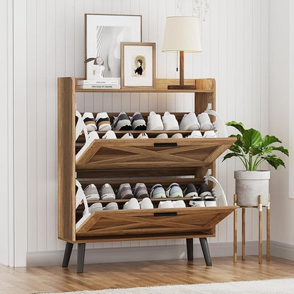 32" W Farmhouse Shoe Storage Cabinet with 2 Flip Drawers and Barn Door Design, Adjustable Shelves, Hidden Slim Narrow Shoe Rack Cabinet for Entryway, Foyer, Hallway, Living Room, Rustic Walnut