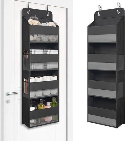 Over The Door Hanging Organizer with 4 Large Pockets – Closet, Bathroom, Nursery, Bedroom, Dorm Storage for Toys, Cosmetics, and Baby Essentials, Black