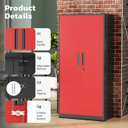 Greenvelly Metal Lockable Storage Cabinet, 72” Storage Cabinet with 2 Doors and 4 Adjustable Shelves for Office, Home, Garage, Pantry (Assembly Required, Black Red)