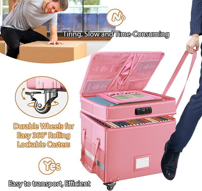 DocSafe File Box with Lock,2-Layer Fireproof Document Box with Wheels,Collapsible Rolling File Storage Organizer with Pockets,Large Portable Home Office Filing Cabinet Safe for Hanging Folders,Pink
