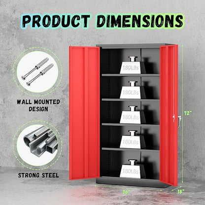 SUNCROWN 72" Metal Storage Cabinet - Heavy-Duty Metal Garage Cabinet with 4 Adjustable Shelves & 2 Doors for Tools, Office, Home, Workshop,Black & Red