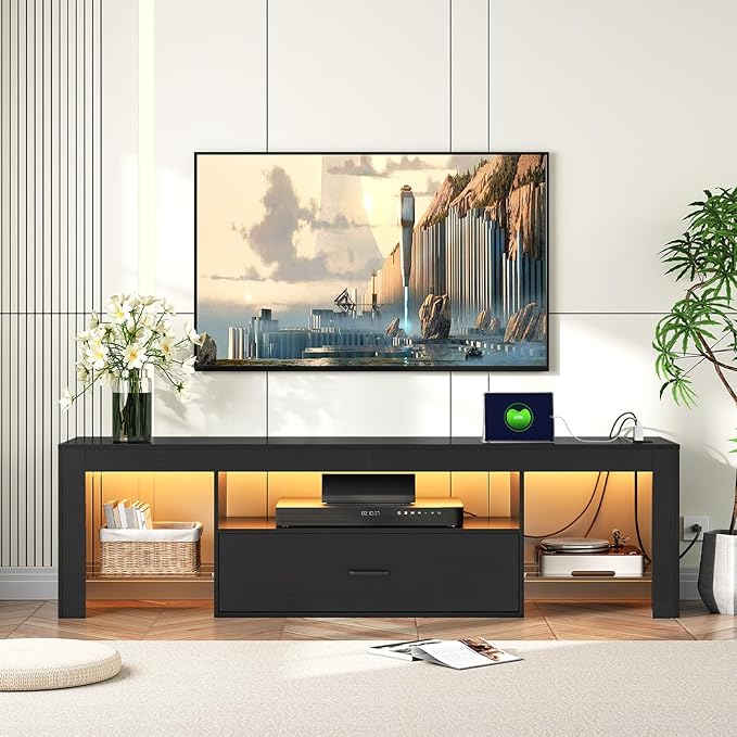 HOOBRO LED TV Stand with Power Outlets to 65 inch TV, Gaming Entertainment Center with Glass Shelves and Large Drawer, Modern Media TV Console Table for Living Room Bedroom, Black BB160UDDS01G1