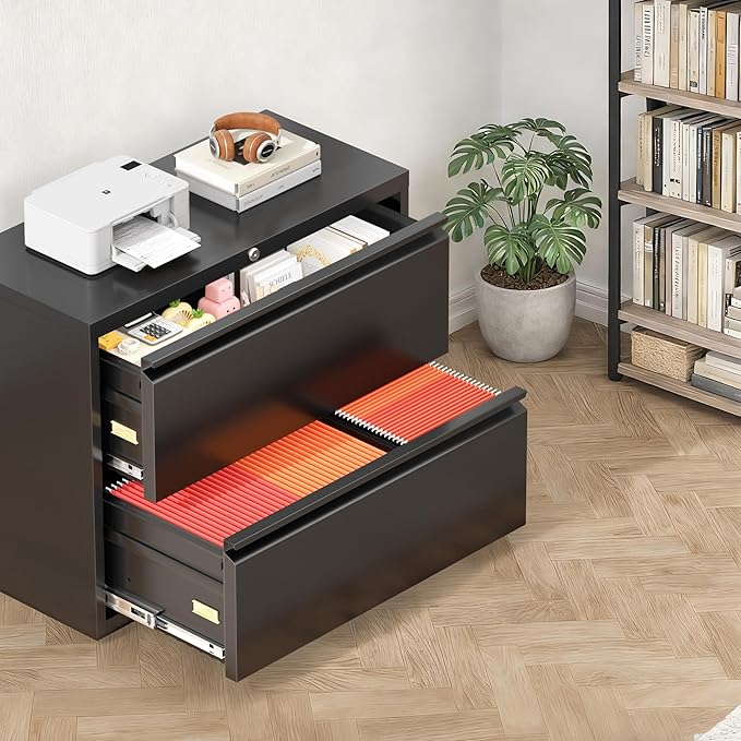 Bonusall File Cabinet, Lateral Filing Cabinet, 2 Drawer Metal File Cabinet with Lock, Lockable Filing Cabinet for Home Office, Hanging Files Letter/Legal/A4/F4 - Black