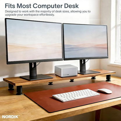 Nordik Large Dual Monitor Riser for 2 - 42.5 Inch Premium Handmade Hardwood Acacia Computer - Wood Shelf Desk Organizer Television - Laptop TV Stand with Storage Organizer for Desk Accessories (Brown)