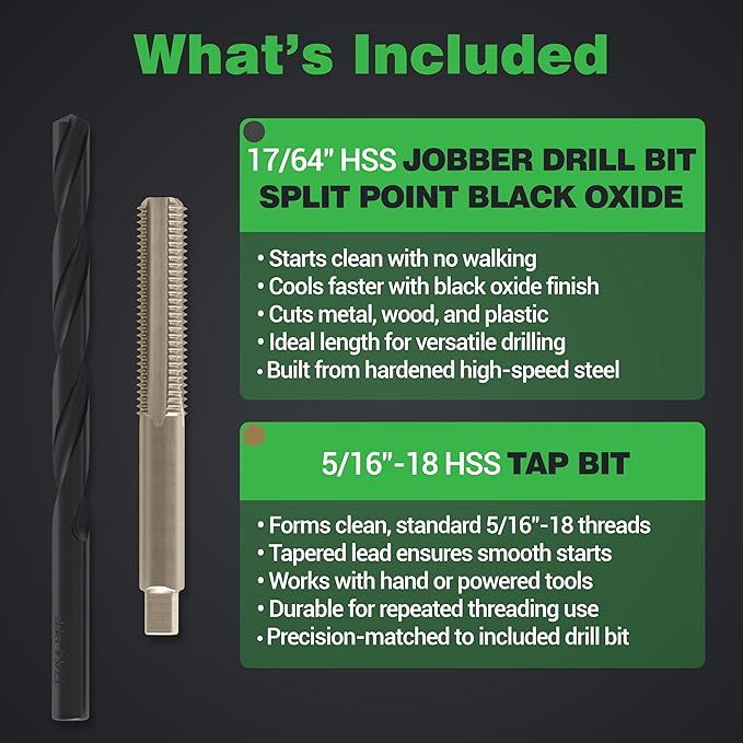 Hovr Solutions Floating Shelves Installation Bit Pack, 17/64" HSS Steel Drill Bit and 5/16" Tap Bit for Hidden Bracket Mounting Hardware for Wall Shelves
