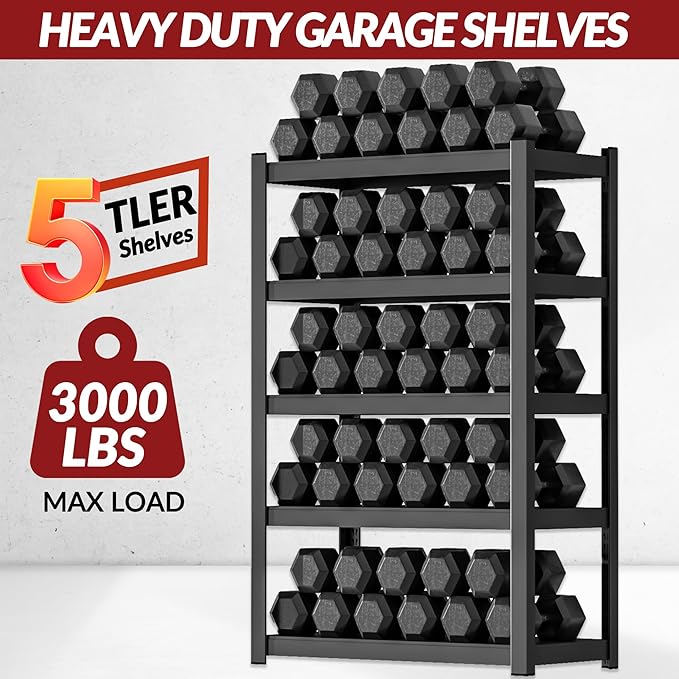 Shelving Units and Storage, 3000LBS Garage Storage Shelves, 5 Tier Shelving Unit, Steel Industrial Shelving, Adjustable Standing Shelf for Garage, Home, Warehouse 71" H x 36" W x 16" D, Black