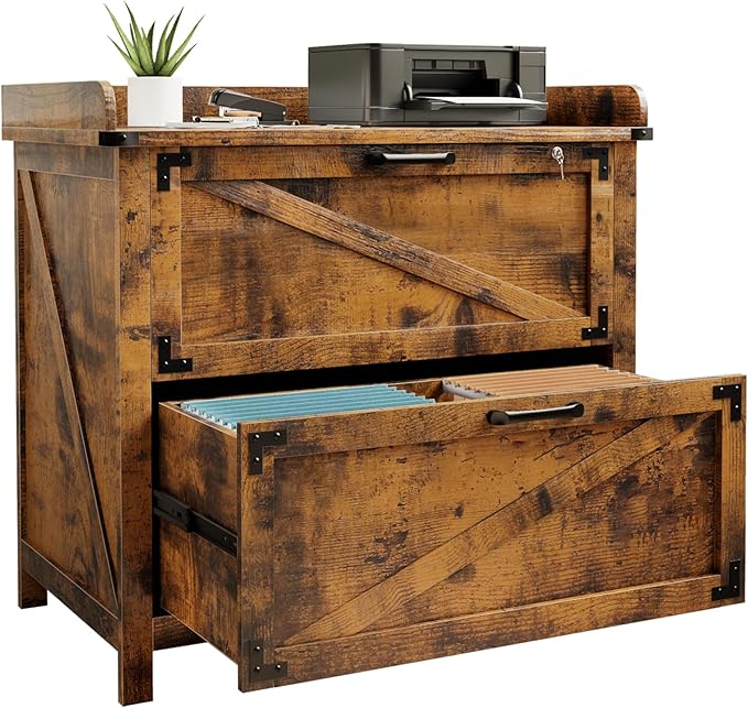 2 Drawer File Cabinet with Lock, Modern Farmhouse Filing Cabinet for Legal/Letter/A4 Size Hanging Files, Large Wood File Cabinets for Home Office (Brown)