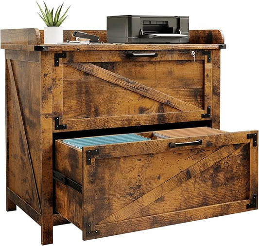 2 Drawer File Cabinet with Lock, Modern Farmhouse Filing Cabinet for Legal/Letter/A4 Size Hanging Files, Large Wood File Cabinets for Home Office (Brown)