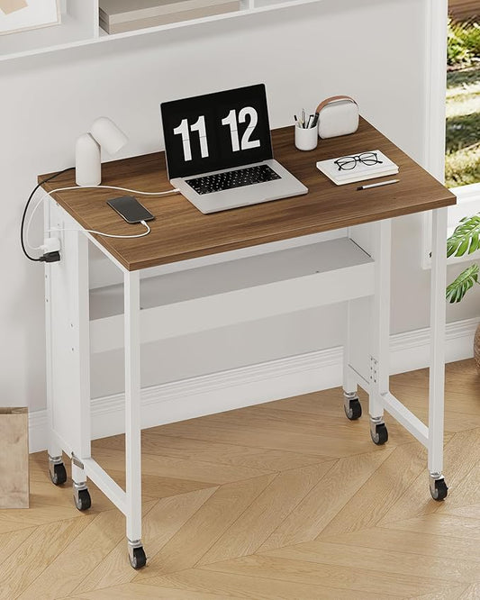 31.5" Modern Folding Computer Desk with Power Outlets, Wheels, Storage, Perfect for Small Spaces Rustic Brown and White TDN01UWL