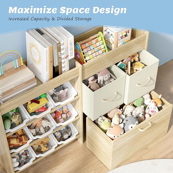 Toy Storage Organizer for Kids, 9-Bin Toy Organizer with 2-Drawers, Movable Toy Chest and Top Rack, Multifunctional Kids Bookshelf and Toy Storage for Playroom, Bedroom, Nursery, White