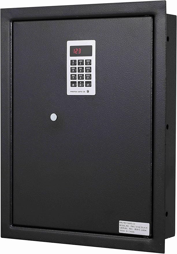 ProtexSafe Electronic Keypad Wall Safe (PWS-1814E)-Black, Burglary Resistant wall safe, digital electronic locking system, velvet interior, automatic door opening, 2 Removable shelves