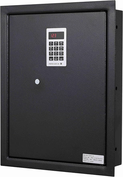 ProtexSafe Electronic Keypad Wall Safe (PWS-1814E)-Black, Burglary Resistant wall safe, digital electronic locking system, velvet interior, automatic door opening, 2 Removable shelves