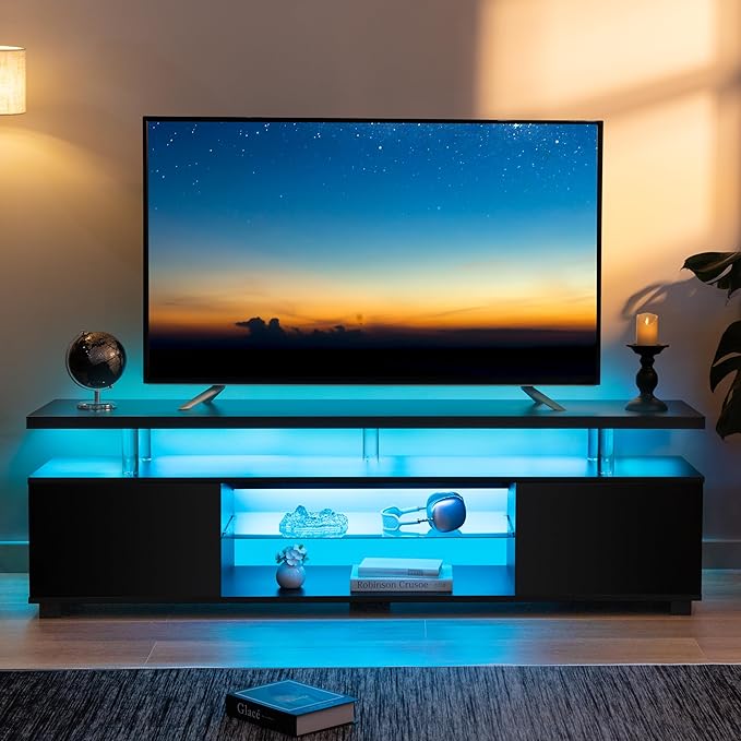 Black TV Stand,Glass TV Stands for Living Room,TV Stand for 75+ inch TV,Long TV Cabinet for Living Room,Bedroom,Home Office