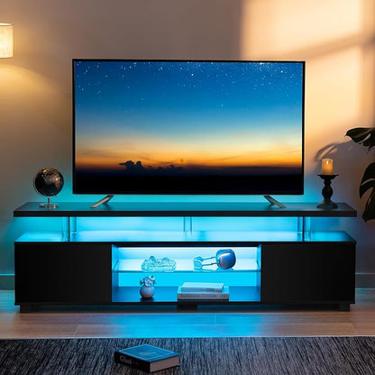 Black TV Stand,Glass TV Stands for Living Room,TV Stand for 75+ inch TV,Long TV Cabinet for Living Room,Bedroom,Home Office