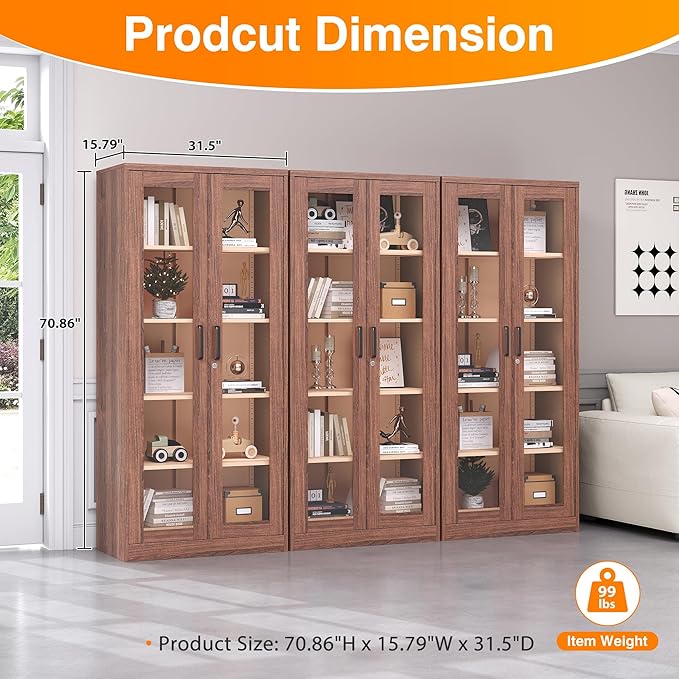 Glass Display Cabinet,Metal Storage Cabinet with Doors and 4 Adjustable Shelves,Lockable Glass Display Case for Home,Office and Exhibition Hall (Rustic Brown)