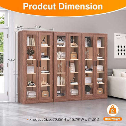 Glass Display Cabinet,Metal Storage Cabinet with Doors and 4 Adjustable Shelves,Lockable Glass Display Case for Home,Office and Exhibition Hall (Rustic Brown)