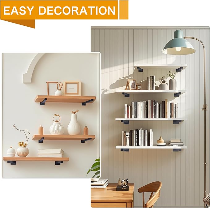 6 Pcs Black Shelf Bracket 4 Inch Heavy Duty Brackets for Shelf Metal Wall Floating Shelving Brackets Industrial Shelf Brackets for Space Saving