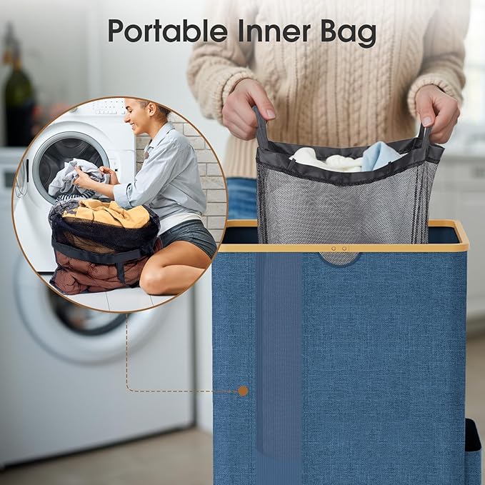 Laundry Basket Clothes Hamper with Lid and Pocket Large Collapsible Laundry Baskets with Handle, Freestanding Hampers for Bedroom Aesthetic, Dorm, Bathroom, Laundry Room (150L,Light Blue)