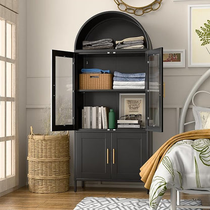 Metal Arched Bookcase Cabinet with 4 Doors,Arched Kitchen Pantry Cabinet for Home Office Living Room,Required Assembly,Black