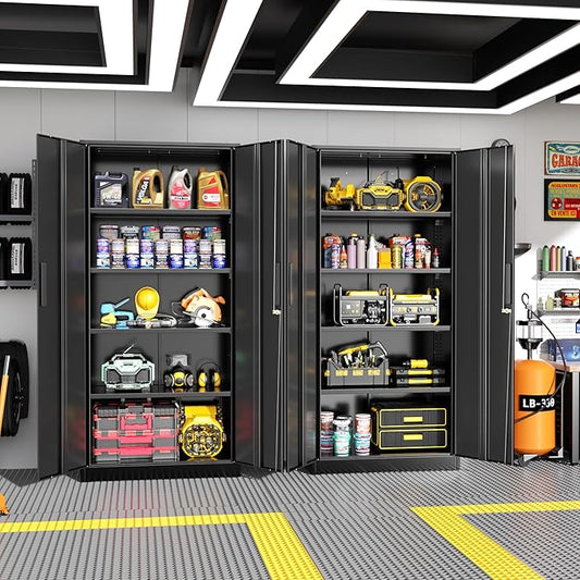 Greenvelly Storage Cabinet, 72” Black Garage Steel Locking Cabinet with Doors and 4 Adjustable Shelves, Tall Lockable File &Tool Cabinet for Home Office, Metal Classroom Cabinet Basement