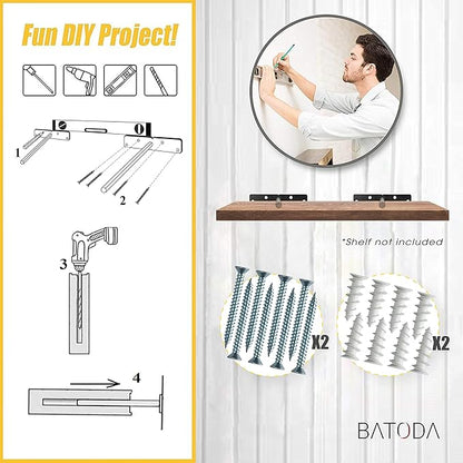 BATODA - 8" Floating Shelf Bracket Heavy Duty (6 pcs) –Solid Steel Blind Shelf Supports - Hidden Brackets for Floating Wood Shelves - Blind Shelf Support - Shelving Mounting Hardware Included (Pack 6)