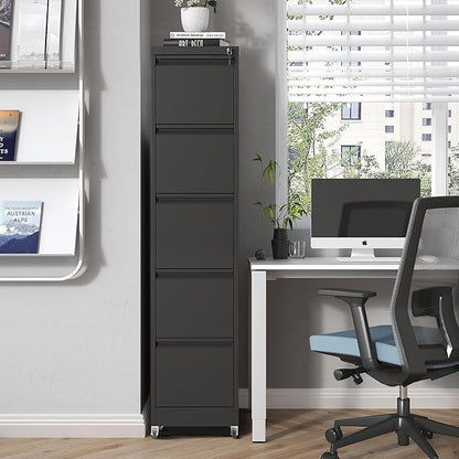 5 Drawers Filing Cabient with Wheel, File Cabinet with Lock, Steel Vertical Filing Storage Cabinet for Office, Heavy-Duty File Cabinets for Letters/Legal/A4 (Require Assembly, Black)